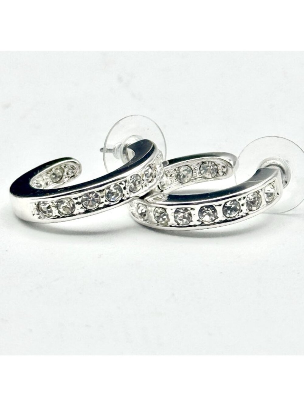 Channel Set Crystal Hoop Earrings Pierced Silver Tone Rhinestone Rhodium Plated - Picture 2 of 9